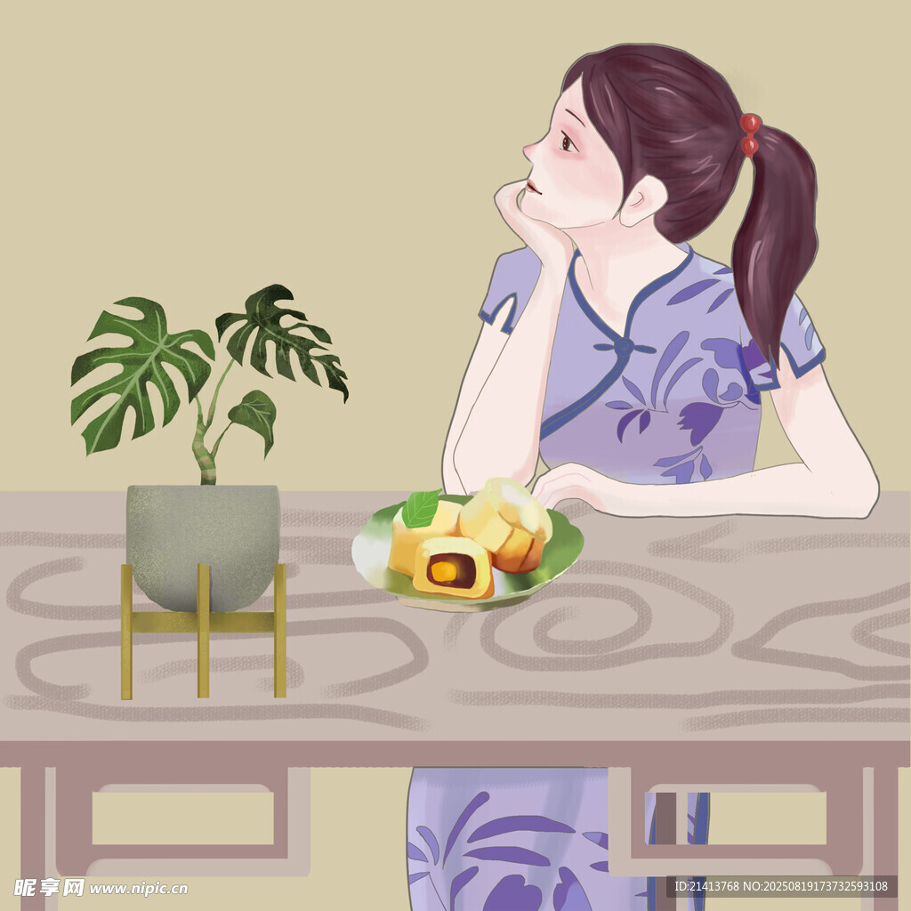 旗袍女子桌邊靜思