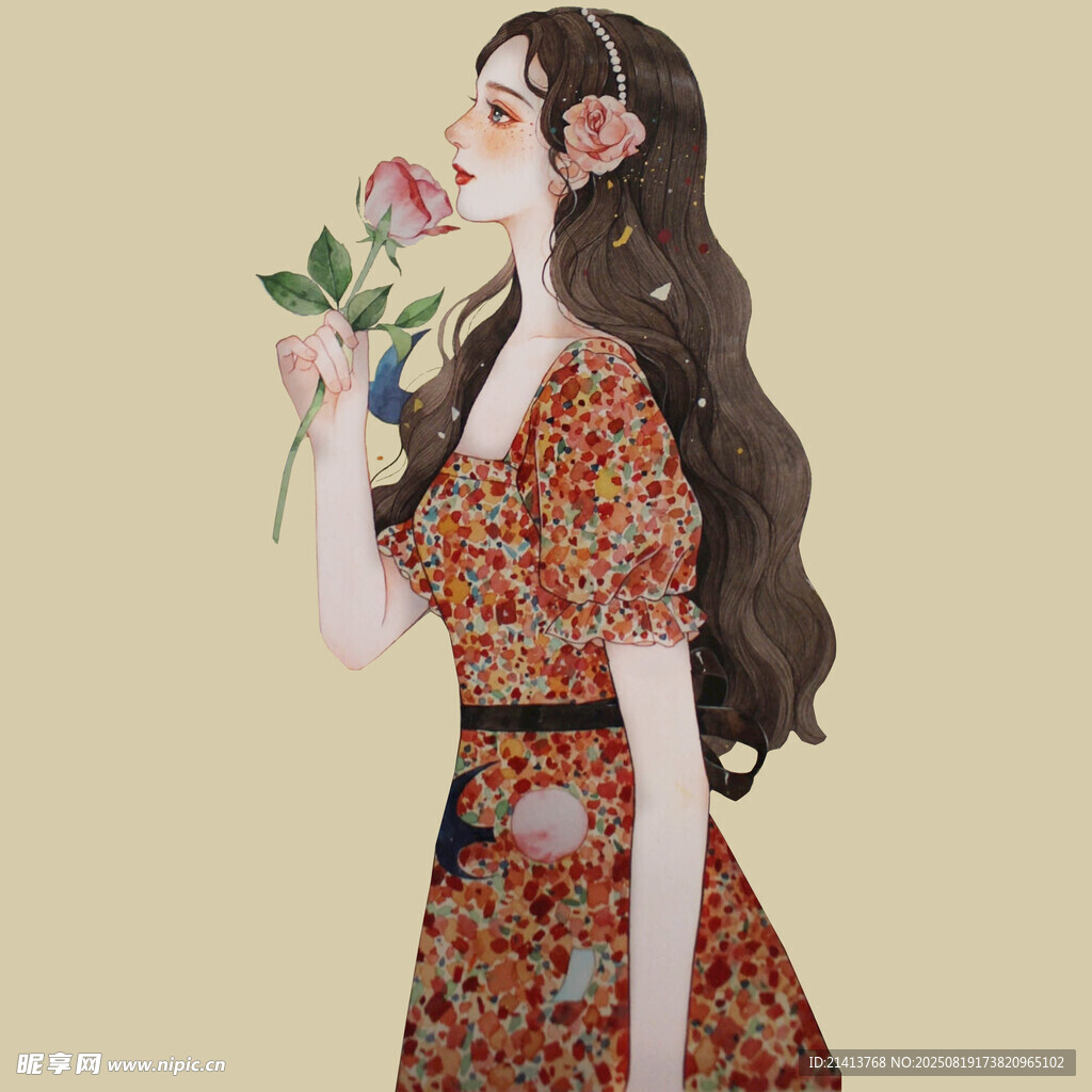 手持玫瑰的復古風女子