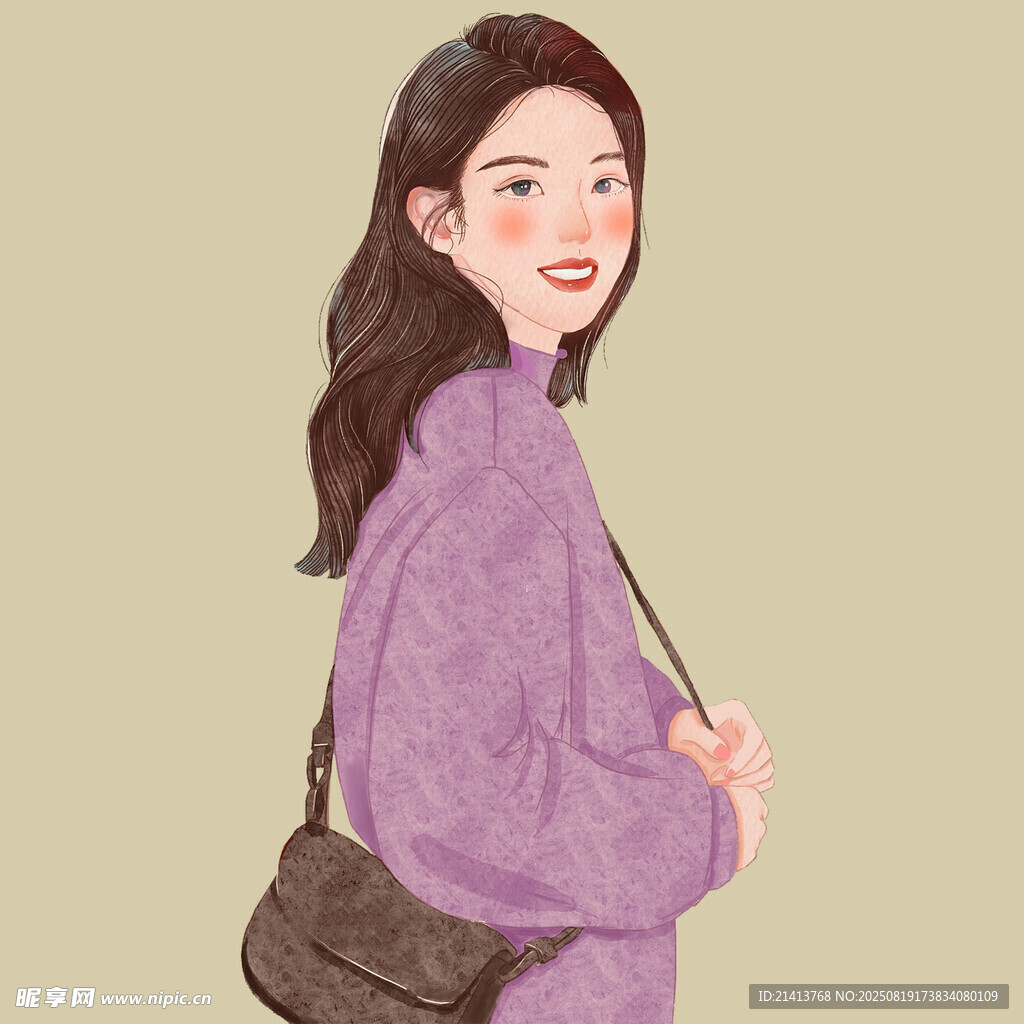 穿紫衣挎包的微笑女孩