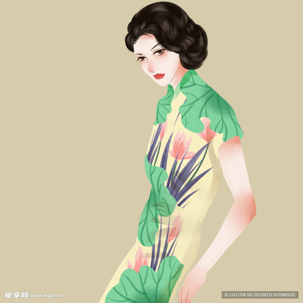 復(fù)古旗袍女子優(yōu)雅側(cè)影