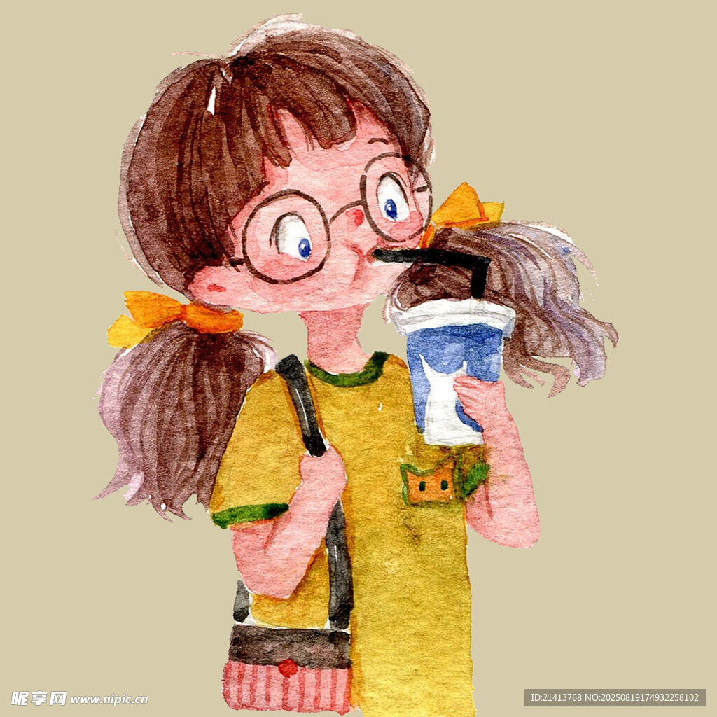 扎雙馬尾的女孩喝飲料