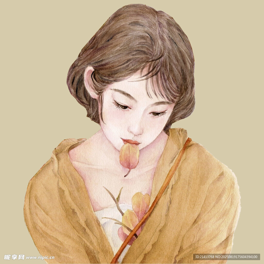 手持花朵的溫柔短發(fā)女子