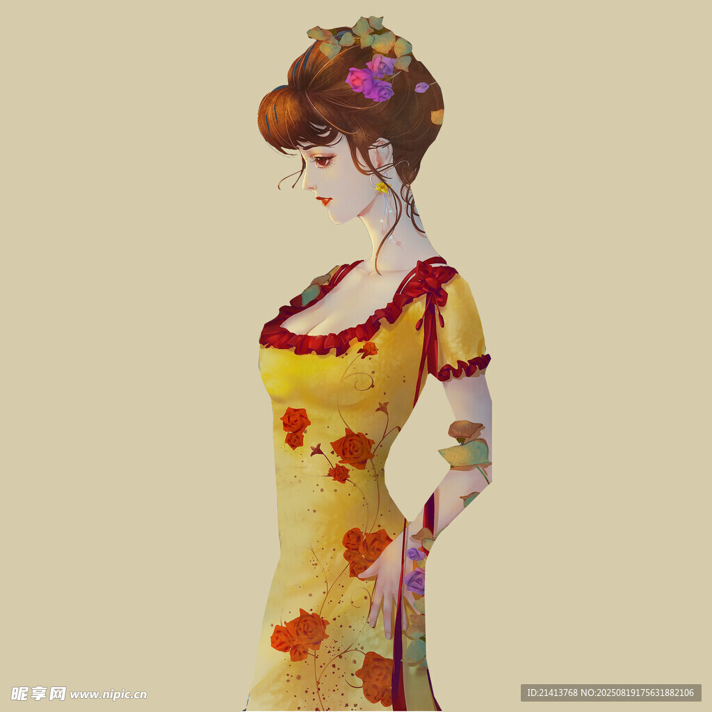 復(fù)古花卉裙裝優(yōu)雅女子
