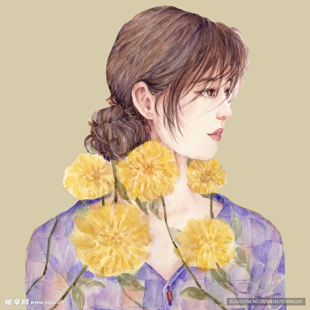 手持黃花的優(yōu)雅側(cè)顏女子