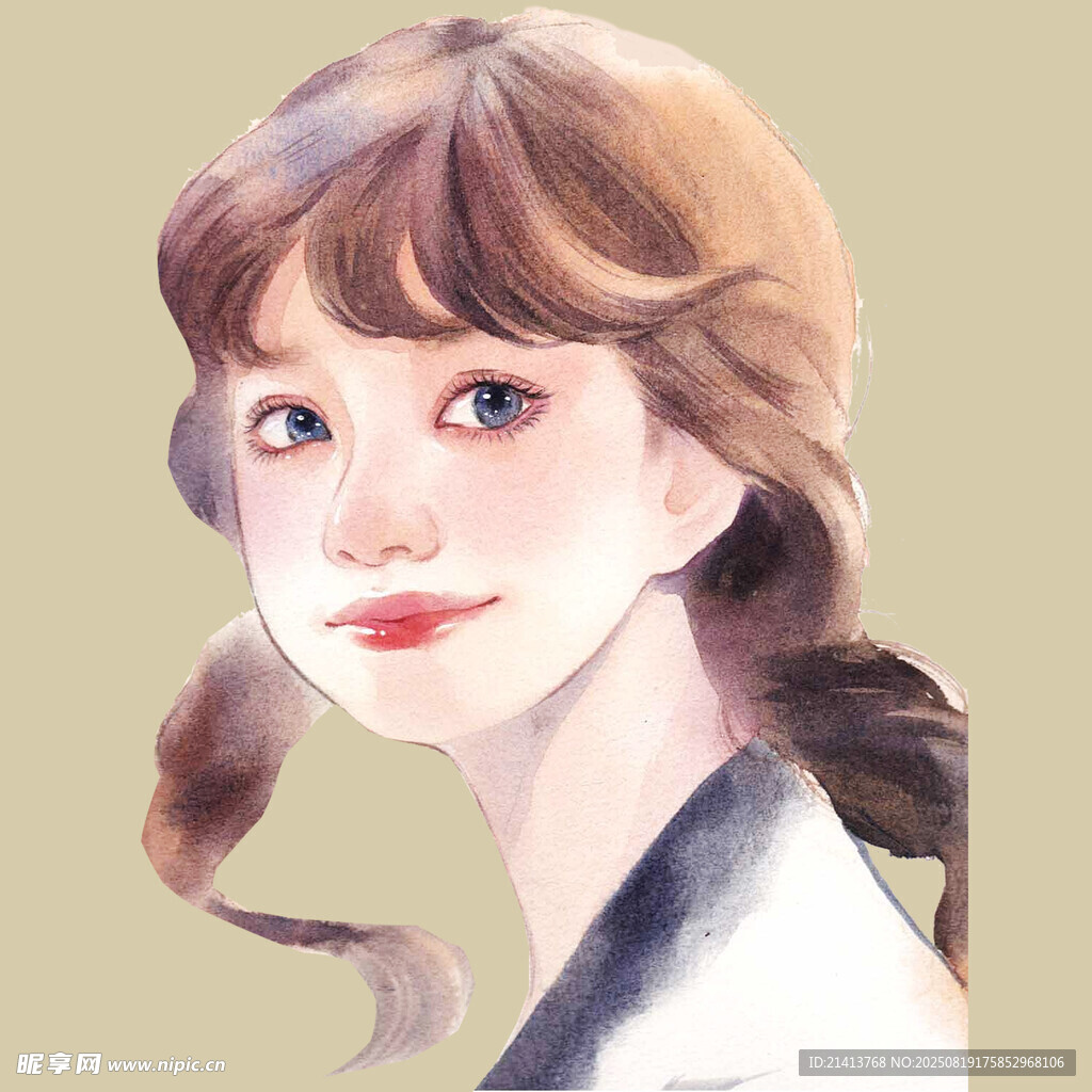 雙麻花辮少女水彩插畫