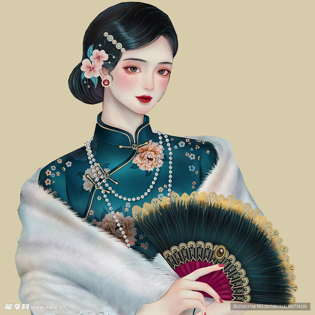 古典旗袍女子持扇優(yōu)雅照