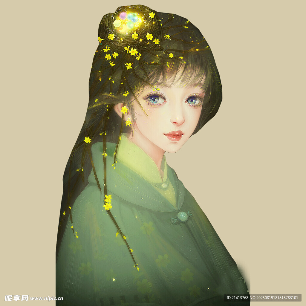 古風綠衣少女 發(fā)間螢光閃爍