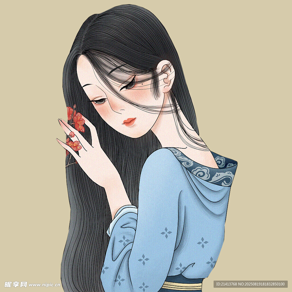 長發(fā)藍衣女子優(yōu)雅姿態(tài)