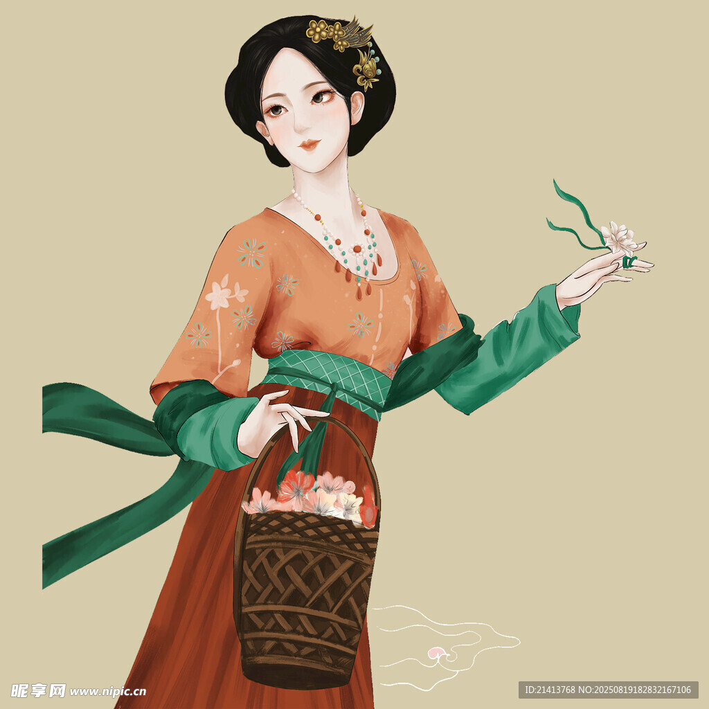 古風女子持籃拈花圖