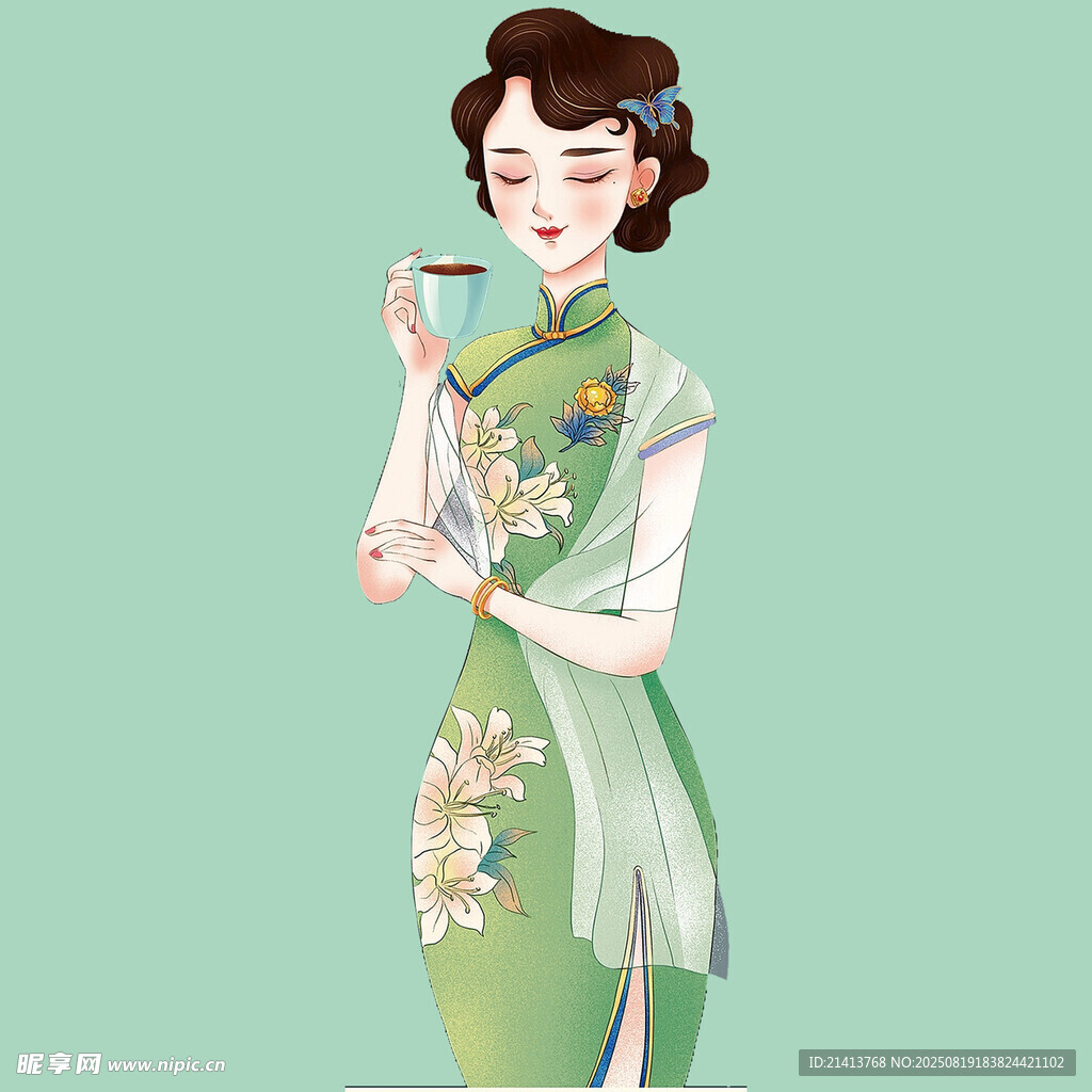 優(yōu)雅旗袍女子手持茶杯