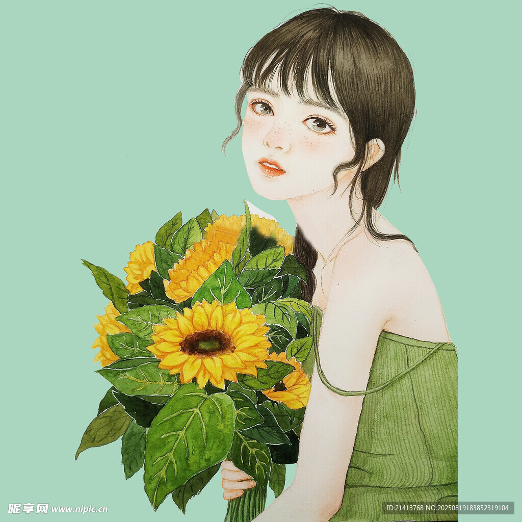 手持向日葵的清新少女