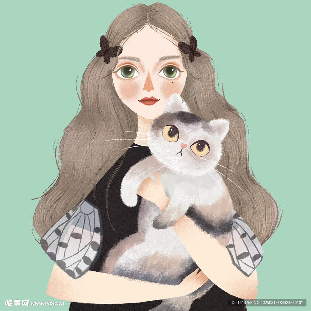 女孩溫柔抱貓的溫馨畫面