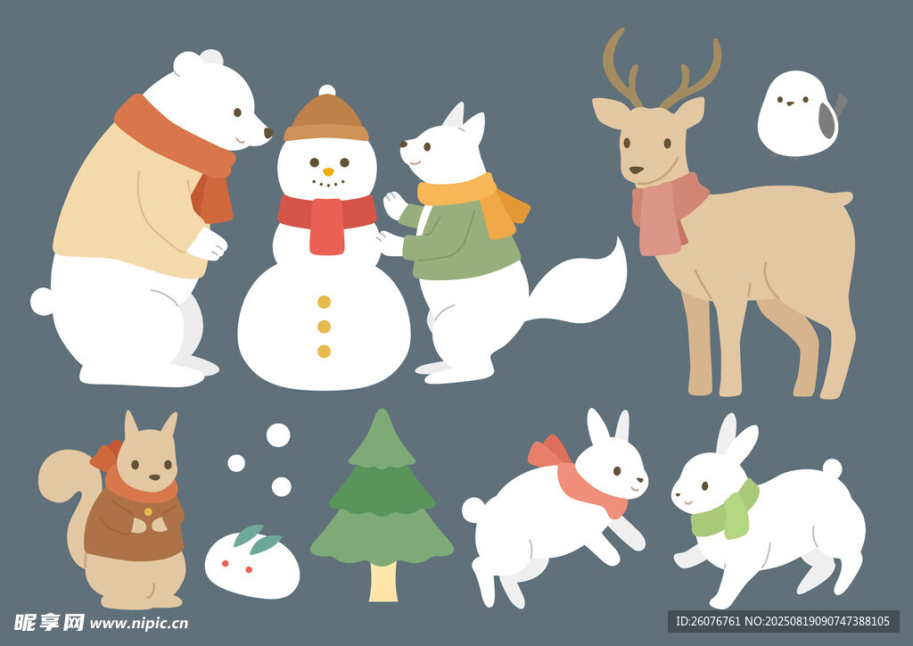 冬日可愛動物與雪人集合