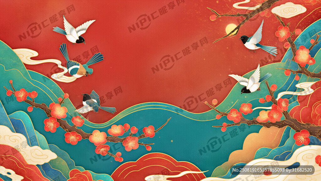 喜鵲 群飛 飛舞 梅花枝干襯托