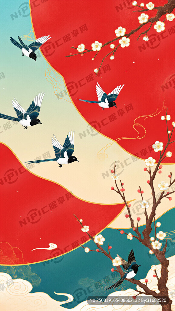 喜鵲 群飛 飛舞 梅花枝干襯托