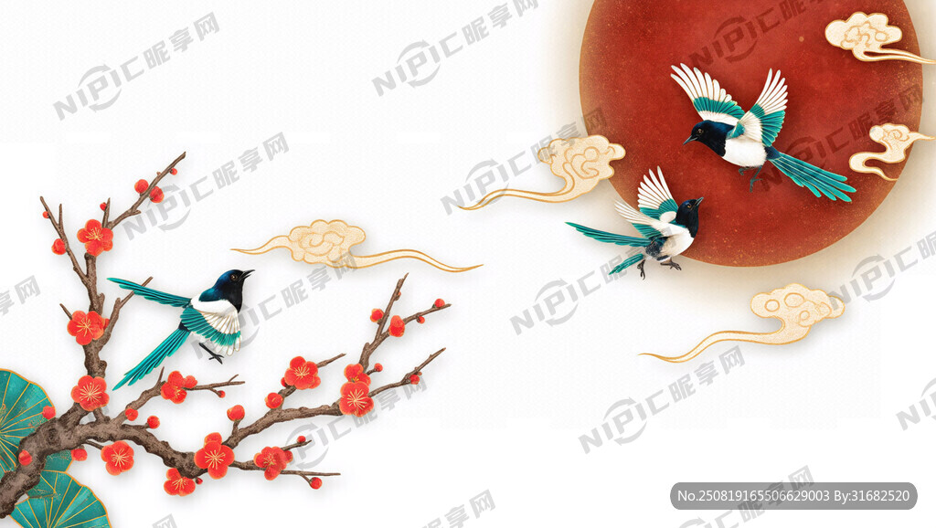 喜鵲 群飛 飛舞 梅花枝干襯托