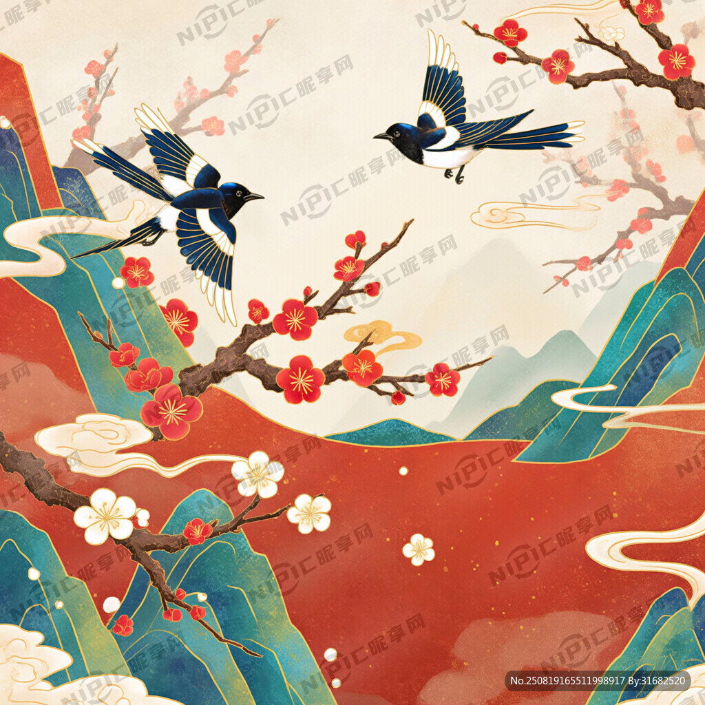 喜鵲 群飛 飛舞 梅花枝干襯托