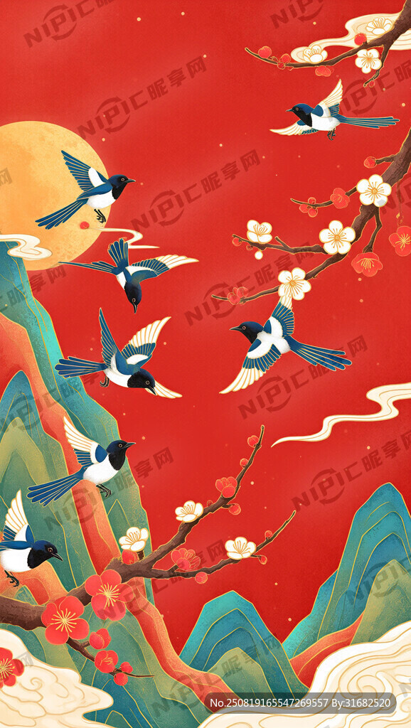 喜鵲 群飛 飛舞 梅花枝干襯托