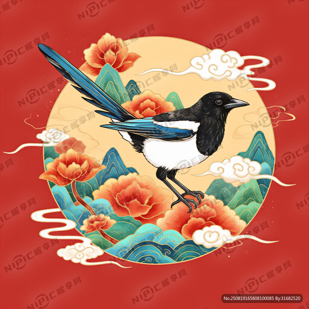 一只喜鵲 完整全身 國潮風(fēng)格