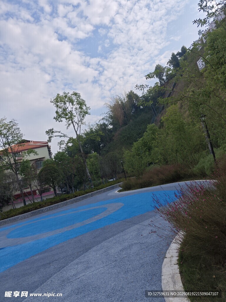 戶外藍(lán)色步道旁的自然景觀