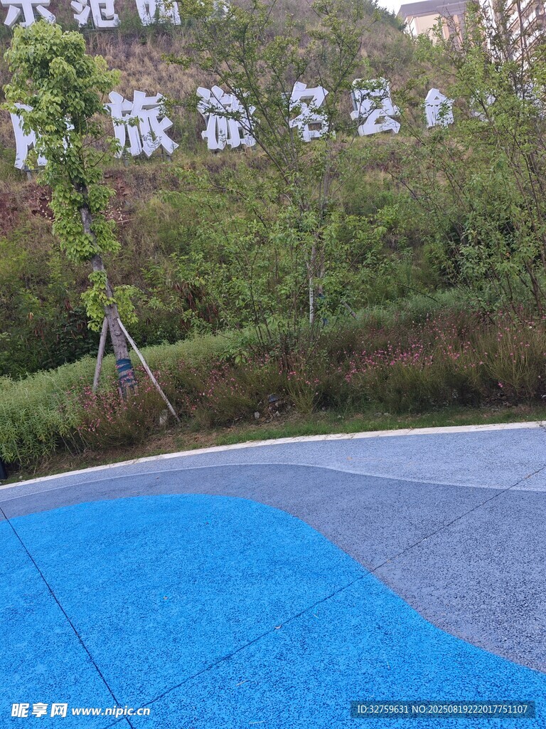 戶外藍(lán)色地面與綠植景觀