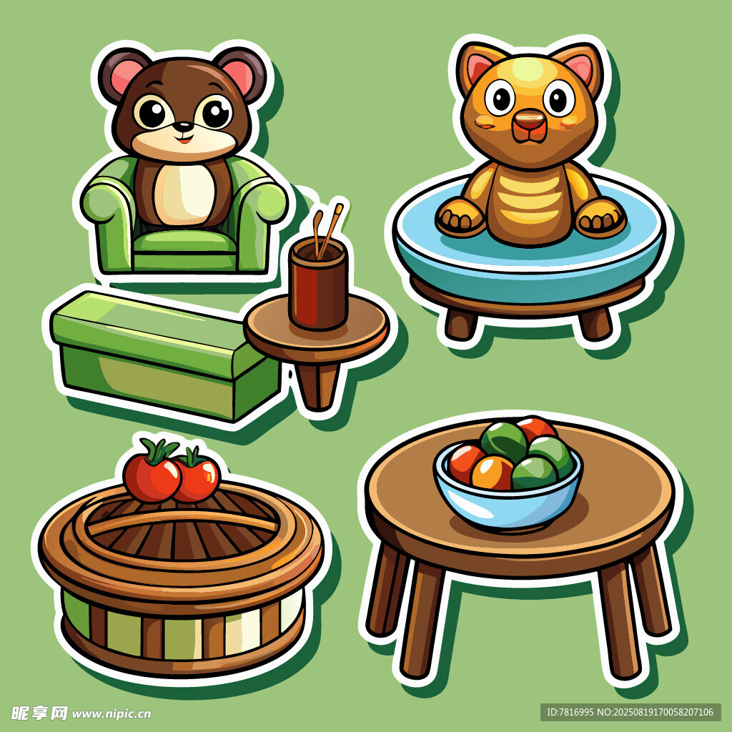 可愛動物與家居用品貼紙