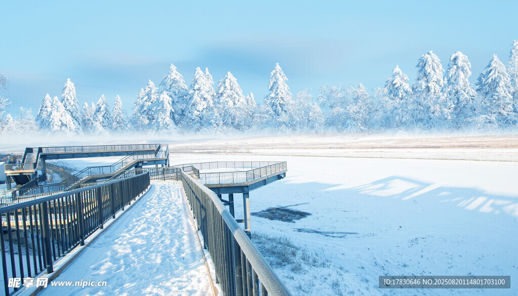 冬日雪景中的靜謐棧橋