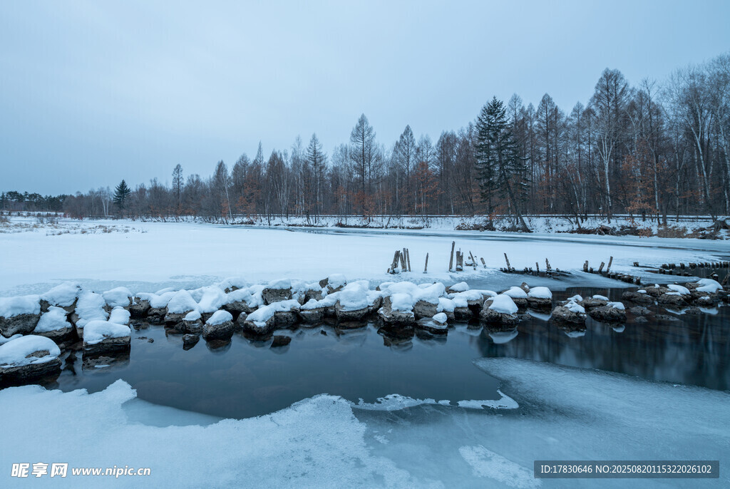 冬日冰封湖畔雪景
