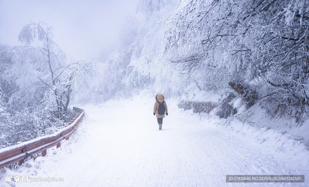雪中山路獨(dú)行的徒步者