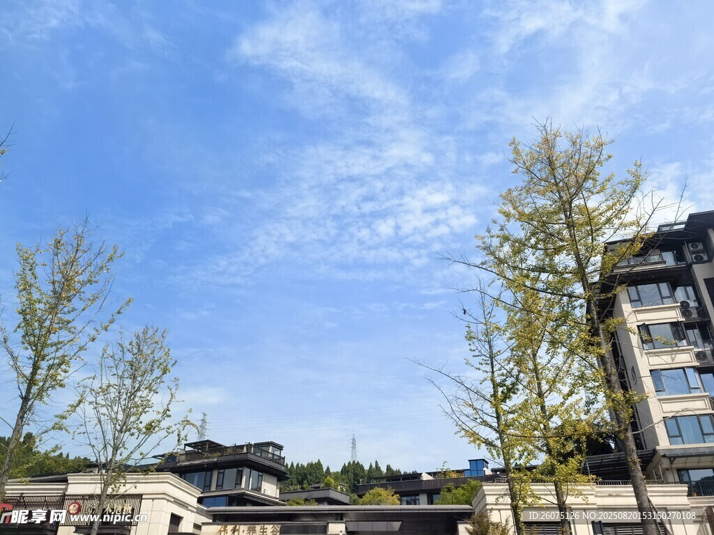 藍(lán)天白云下的建筑與樹(shù)木