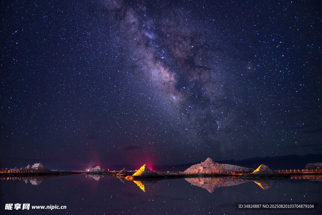 湖畔星空下的夢幻夜景