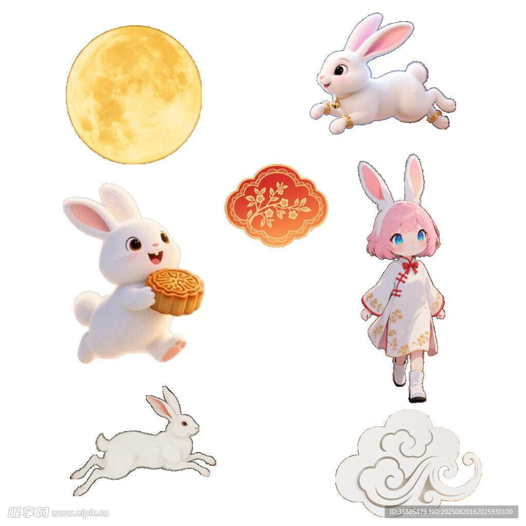 中秋玉兔元素插畫(huà)素材 兔子月亮
