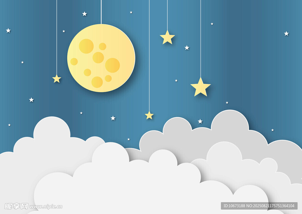 夜空下的月亮與云朵星星