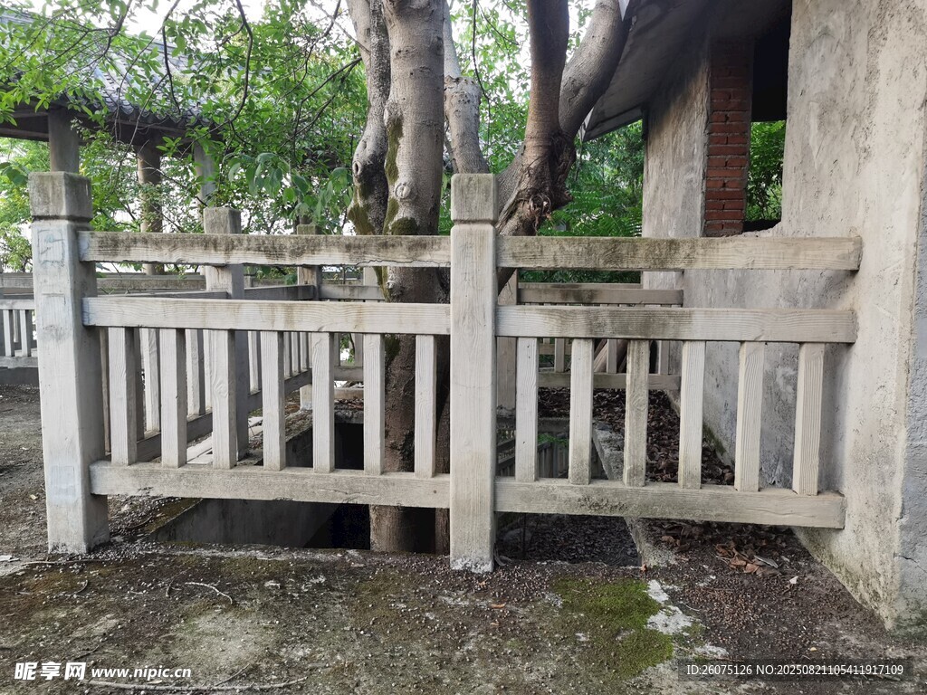 老舊水泥圍欄與樹木景致