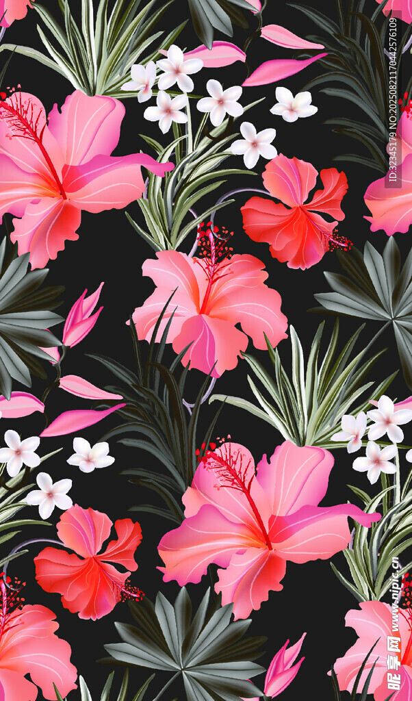 粉色花卉黑色背景圖案