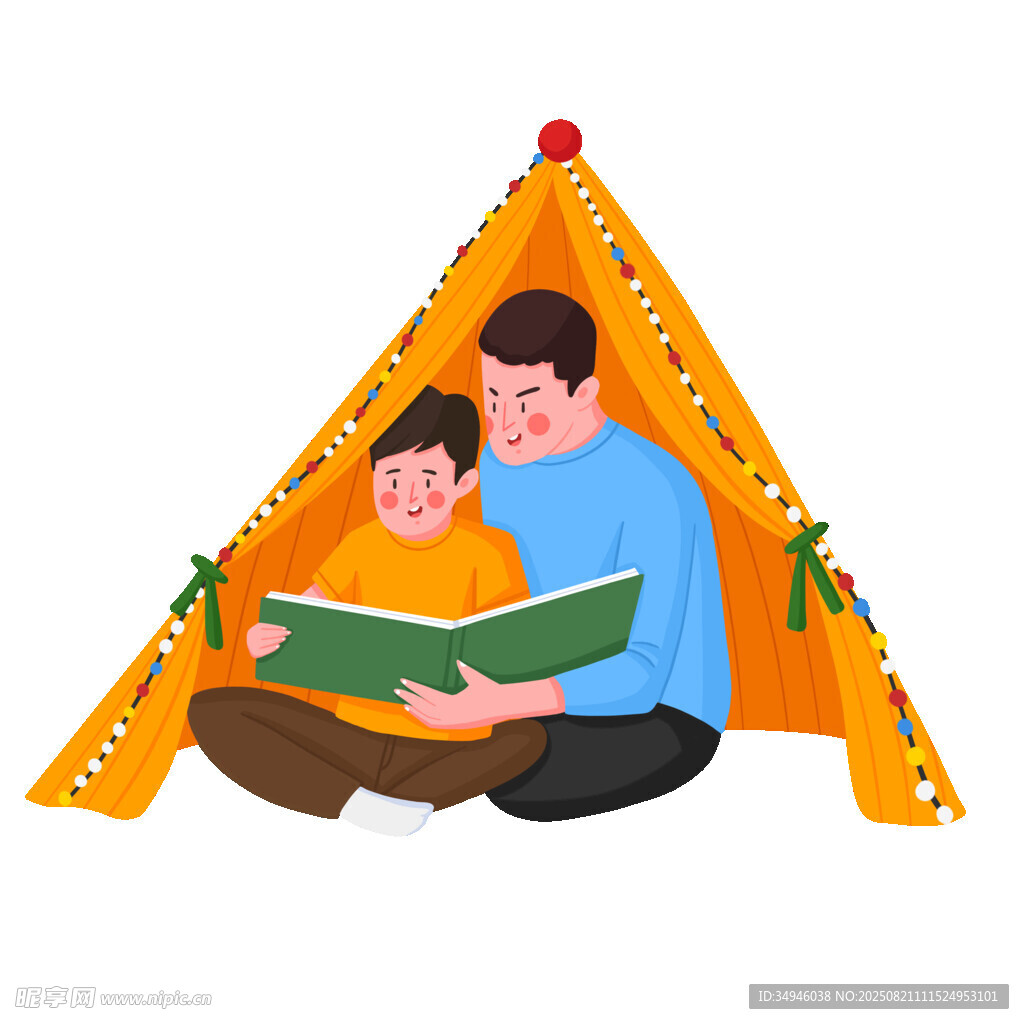 父親與孩子帳篷內(nèi)溫馨共讀