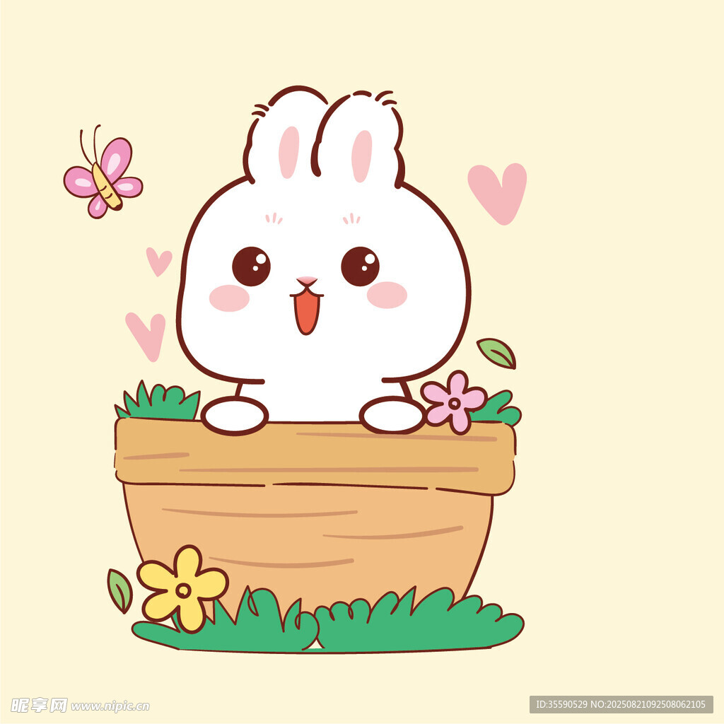 可愛小兔在木盆中賞花