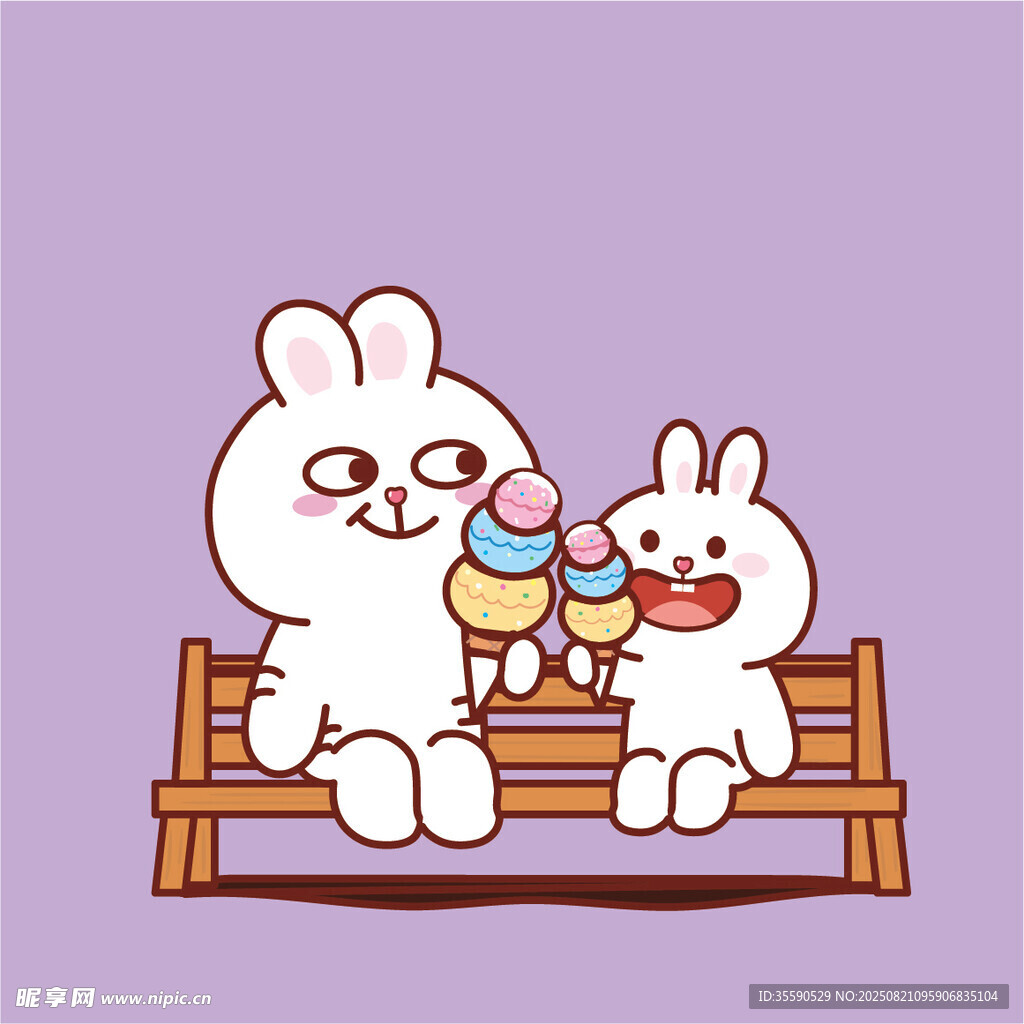 長椅上的可愛兔子與冰淇淋