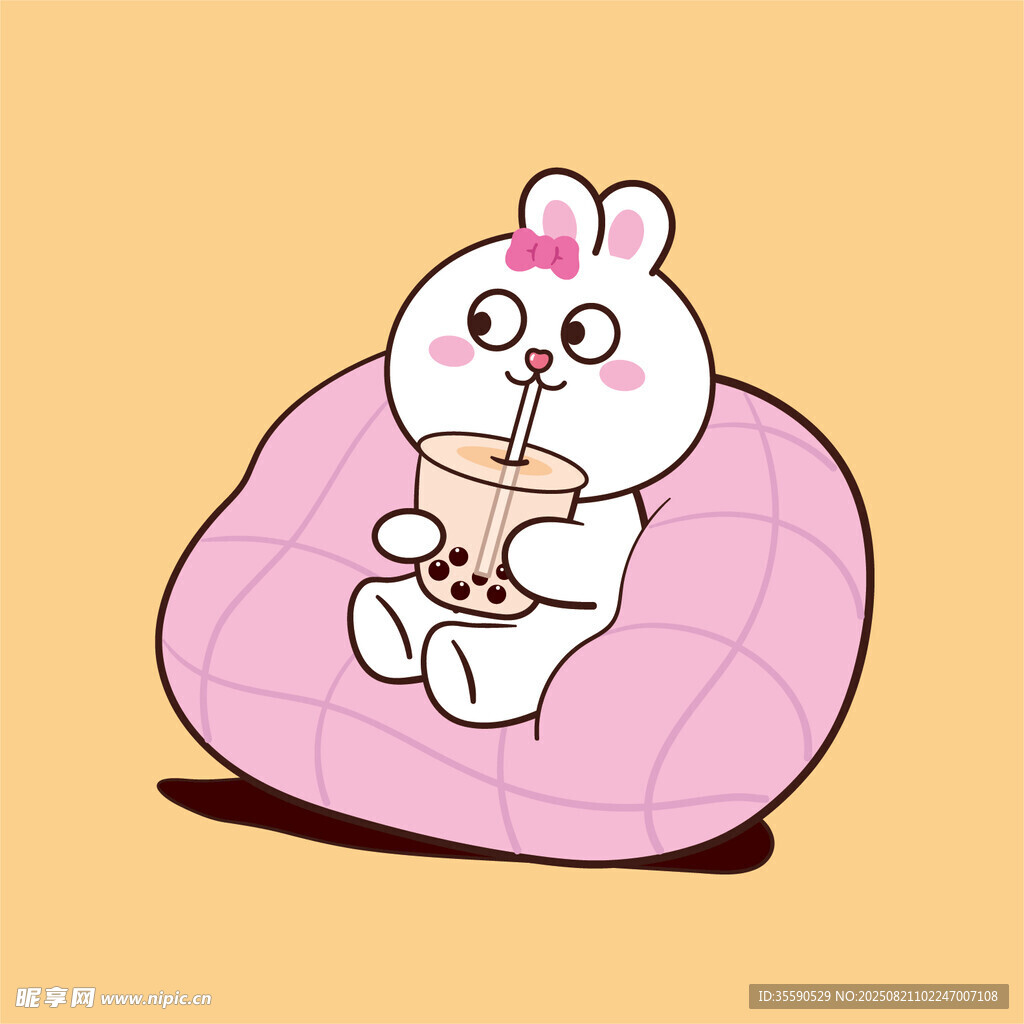 可愛小兔坐沙發(fā)喝奶茶