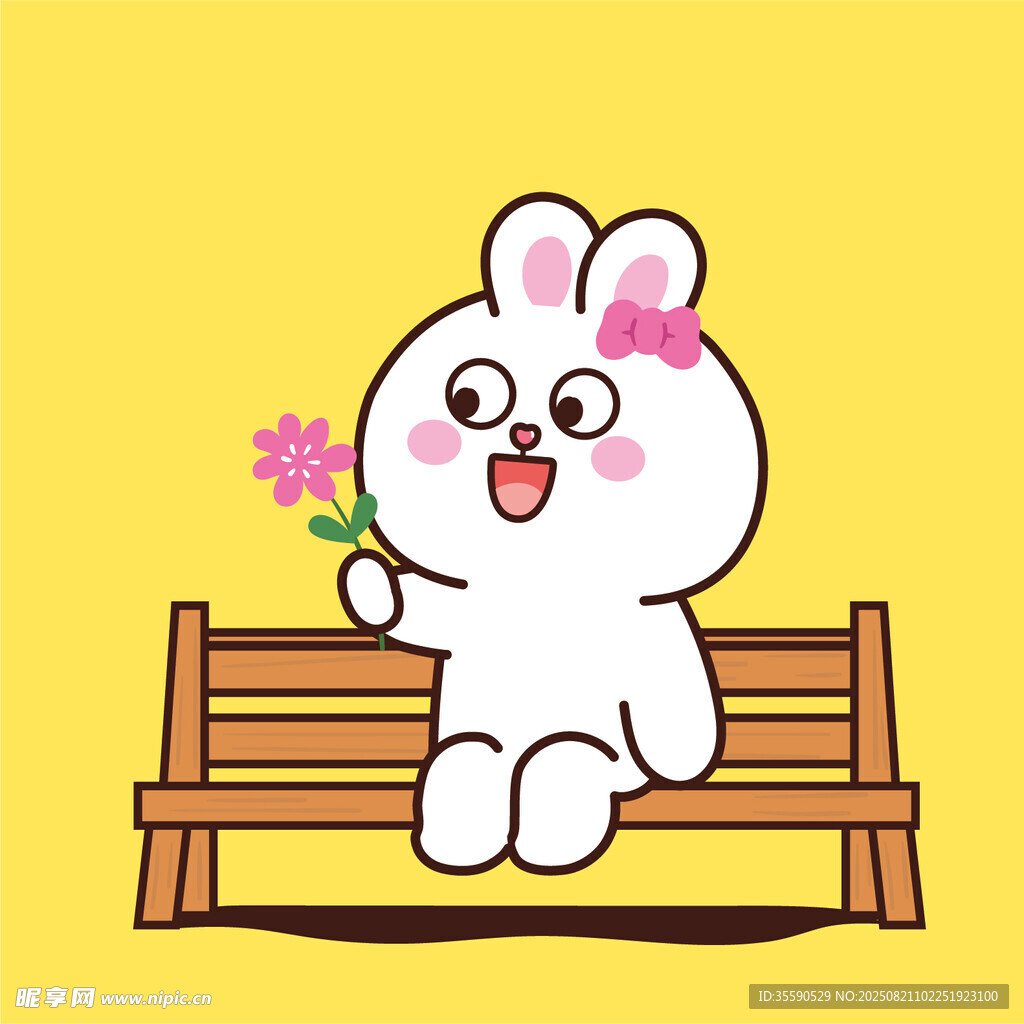 長椅上的可愛持花小兔子