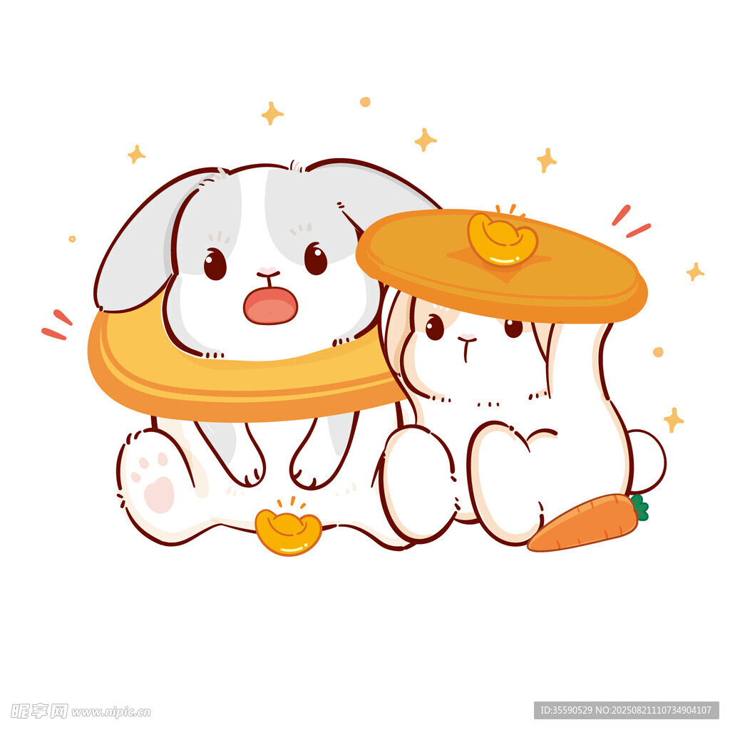 兩只萌兔戴帽吃胡蘿卜