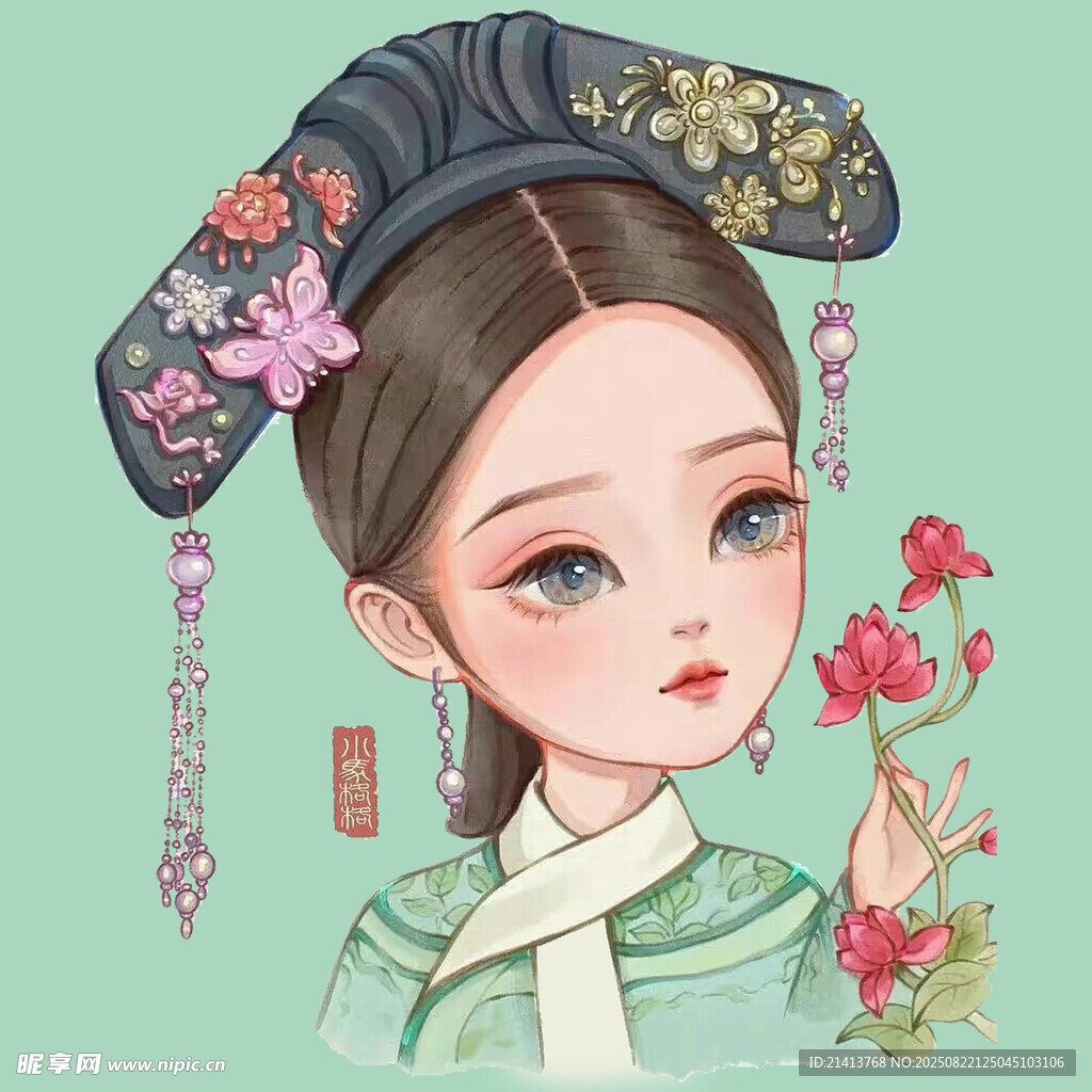 古風旗頭少女手持花枝