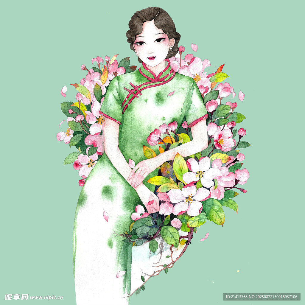 身著旗袍的優(yōu)雅花卉女子