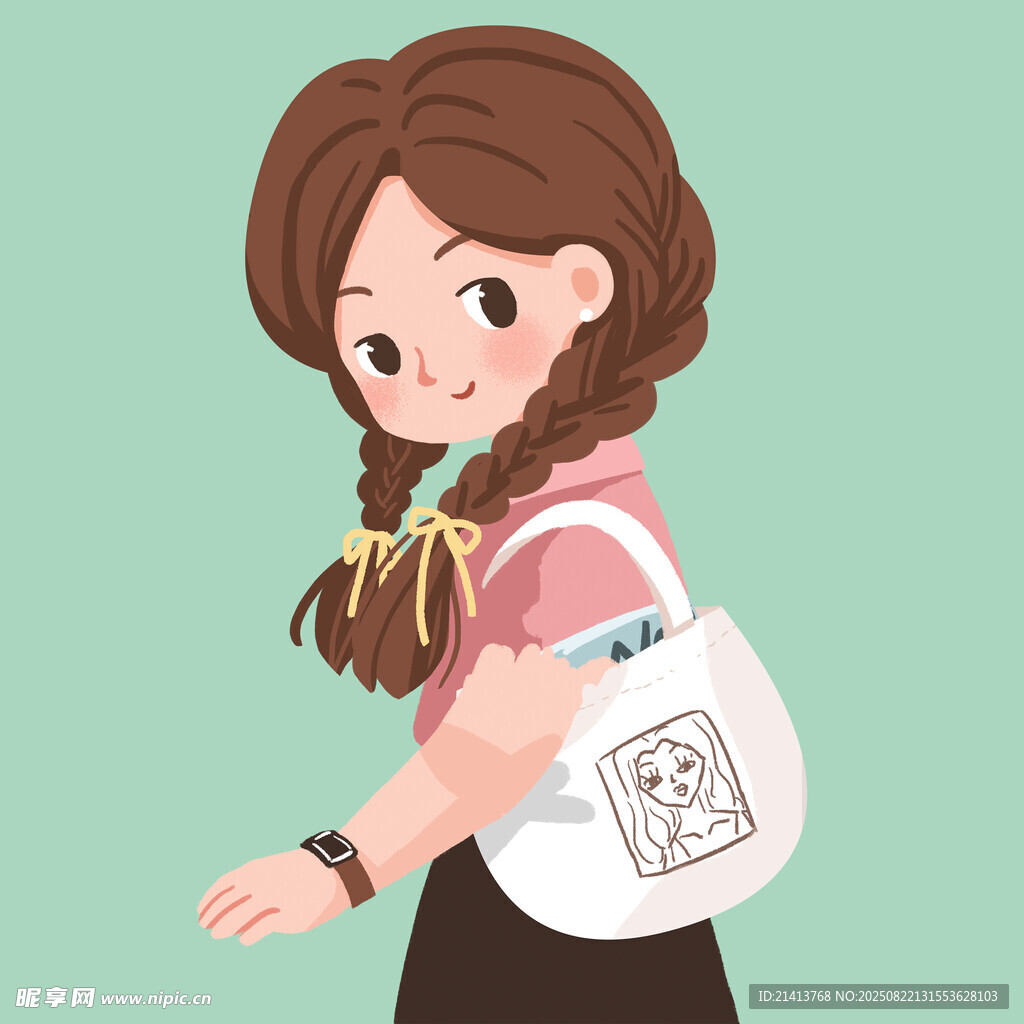 扎辮女孩背可愛卡通包