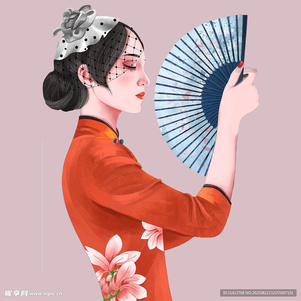 持扇紅衣女子古典風韻