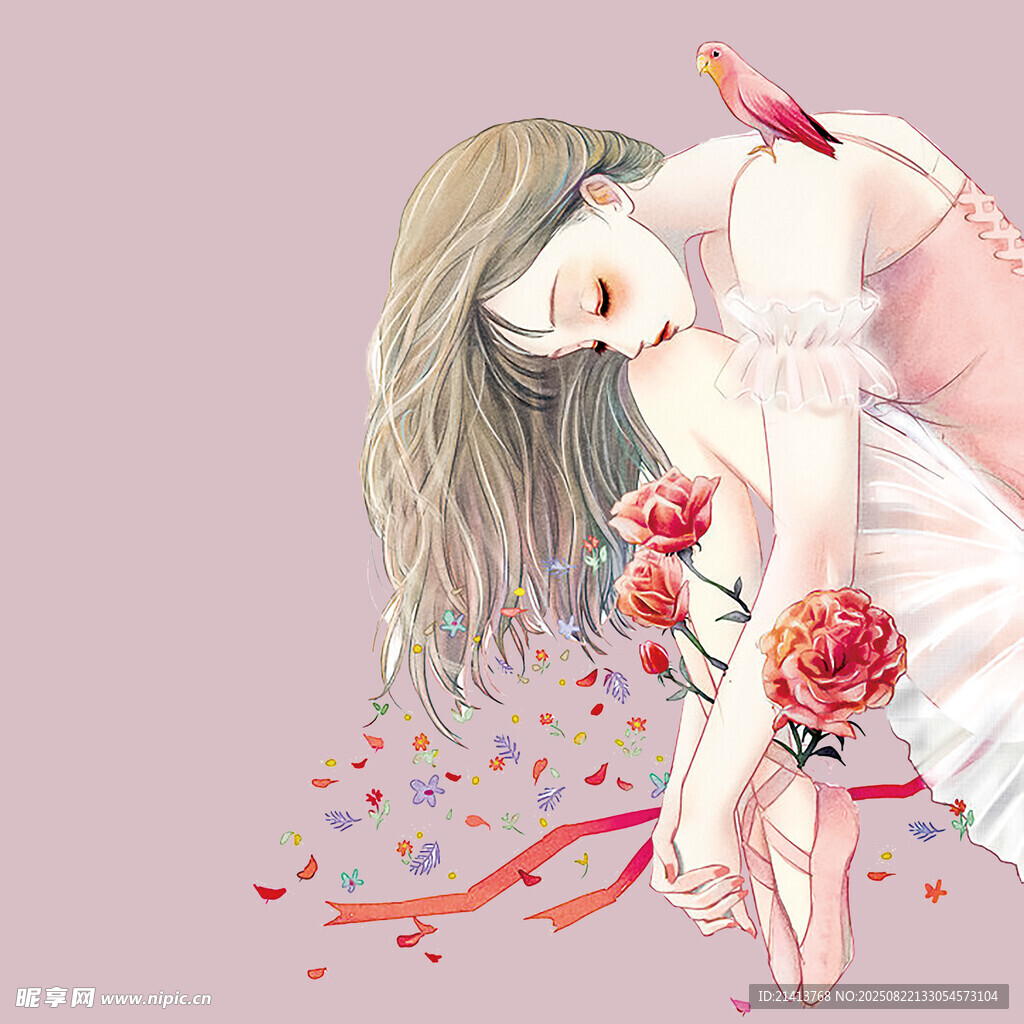 垂首少女與散落玫瑰
