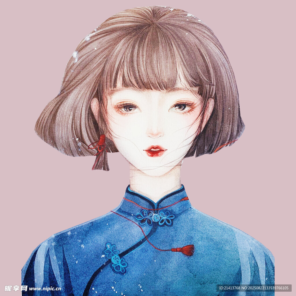 短發(fā)旗袍少女插畫