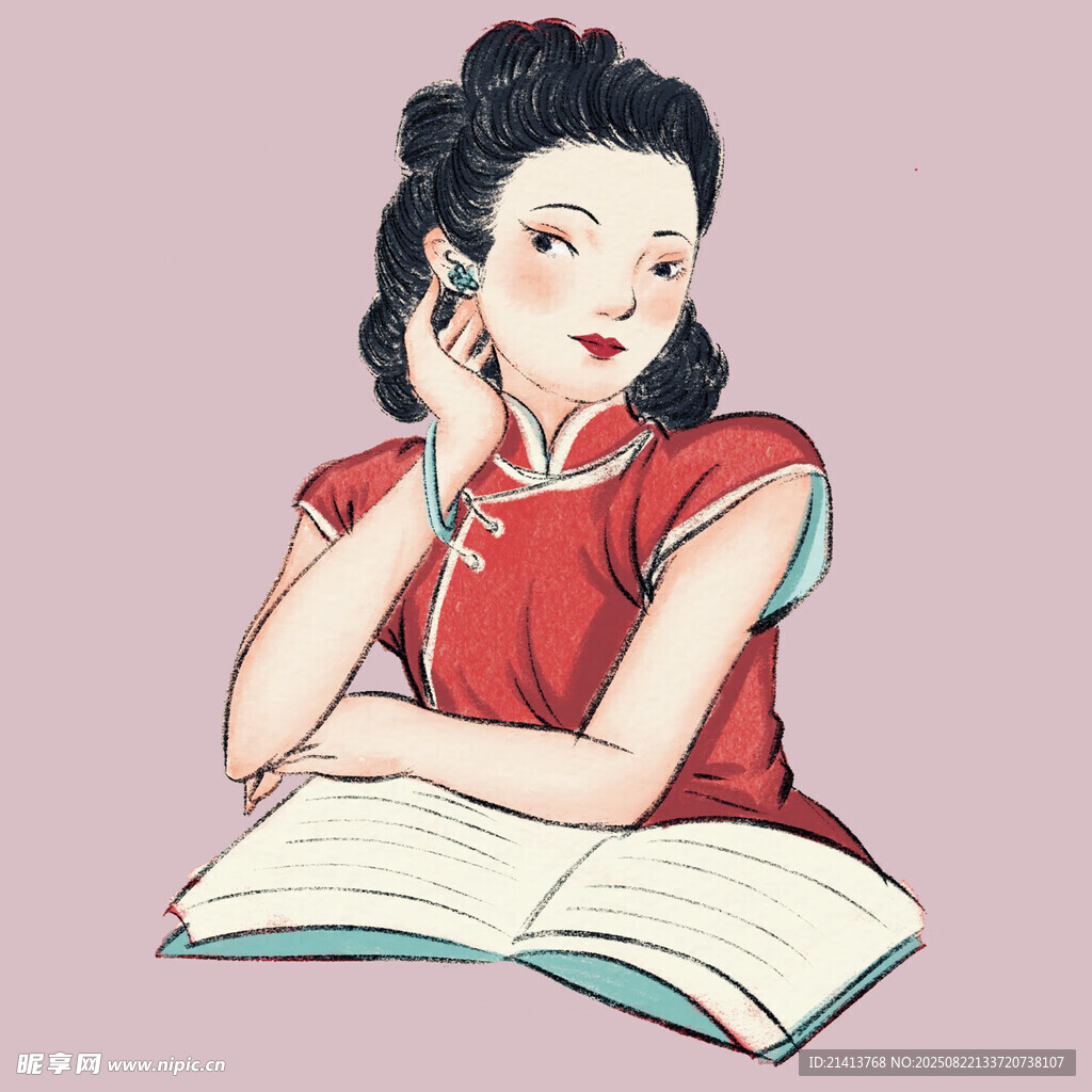 復(fù)古旗袍女子專注讀書