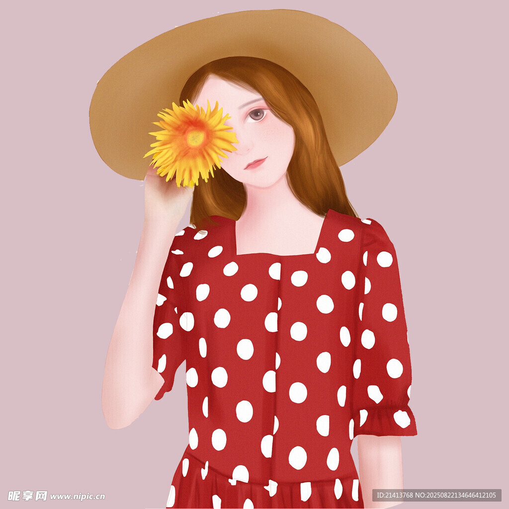 戴帽紅衣女子手持向日葵