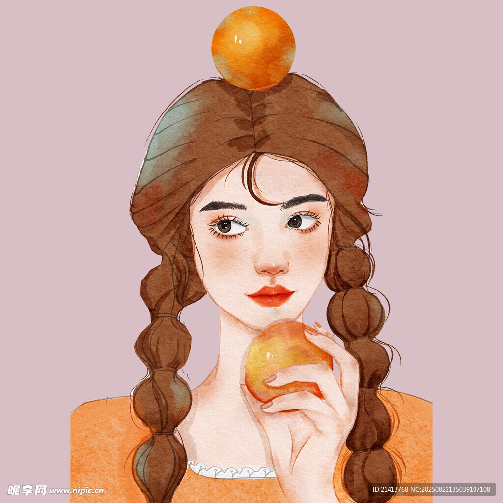 雙麻花辮女孩頭頂橙子進食